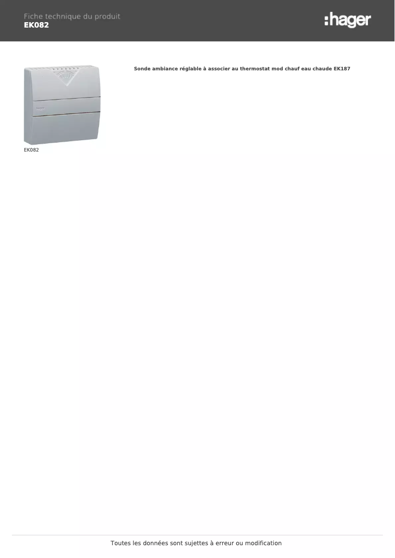 Page 1 de la notice Fiche technique Hager EK082