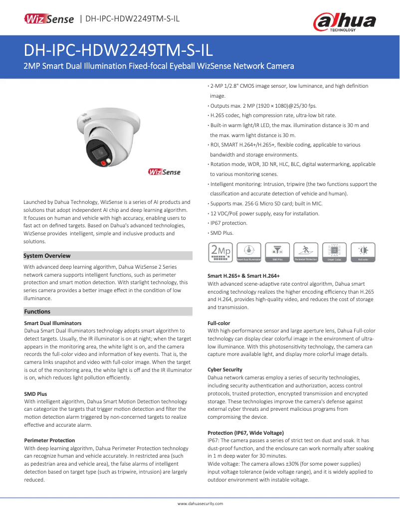 Page 1 de la notice Fiche technique Dahua Technology IPC-HDW2249TM-S-IL