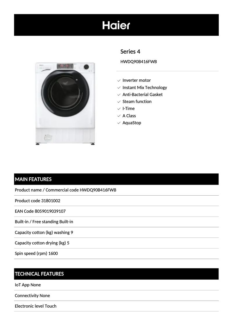 Página 1 del manual Ficha técnica Haier HWDQ90B416FWB