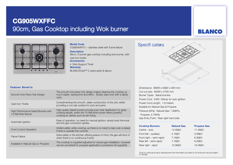 Page n°1 - Fiche technique BLANCO CG905WXFFC