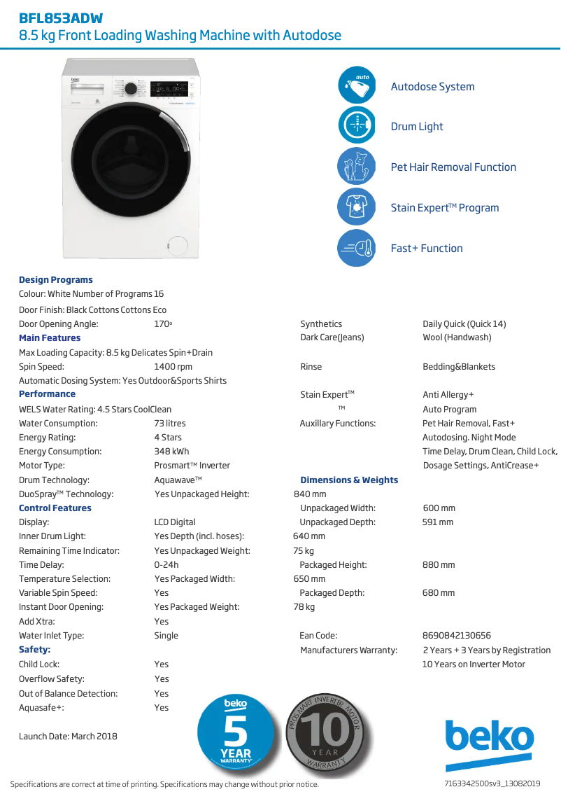 Page 1 de la notice Fiche technique Beko BFL853ADW