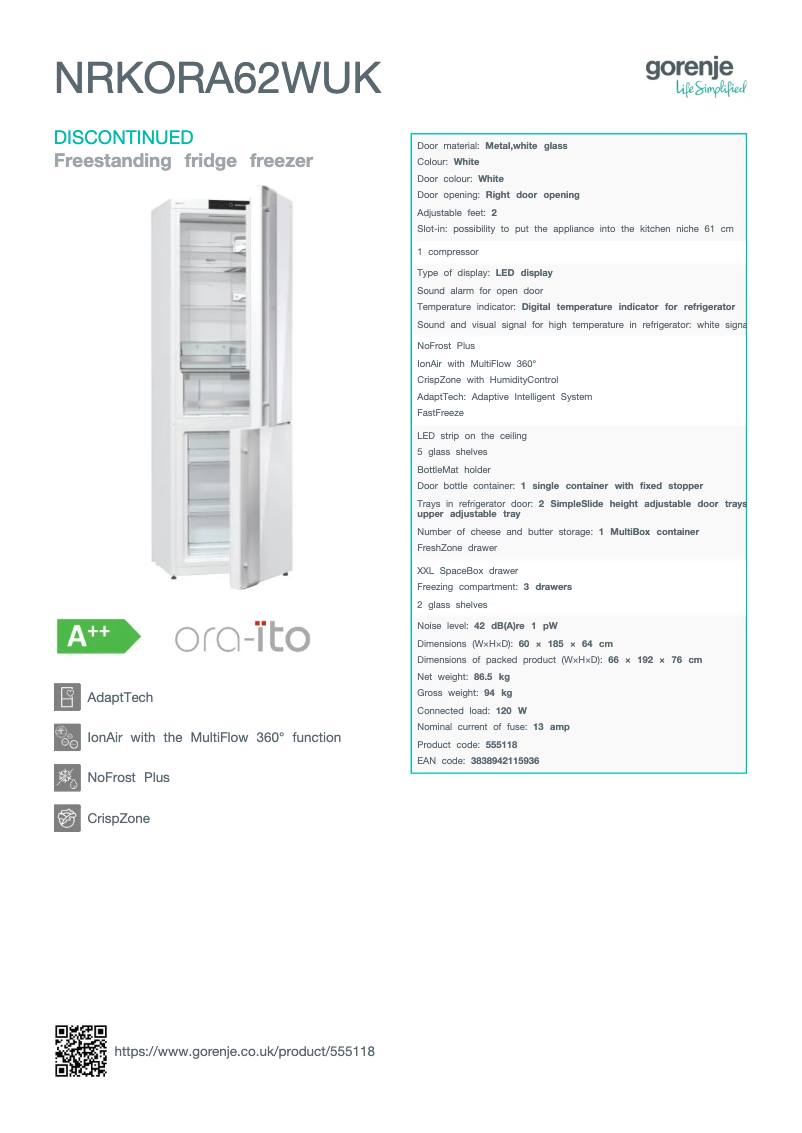 Page 1 de la notice Fiche technique Gorenje NRKORA62WUK