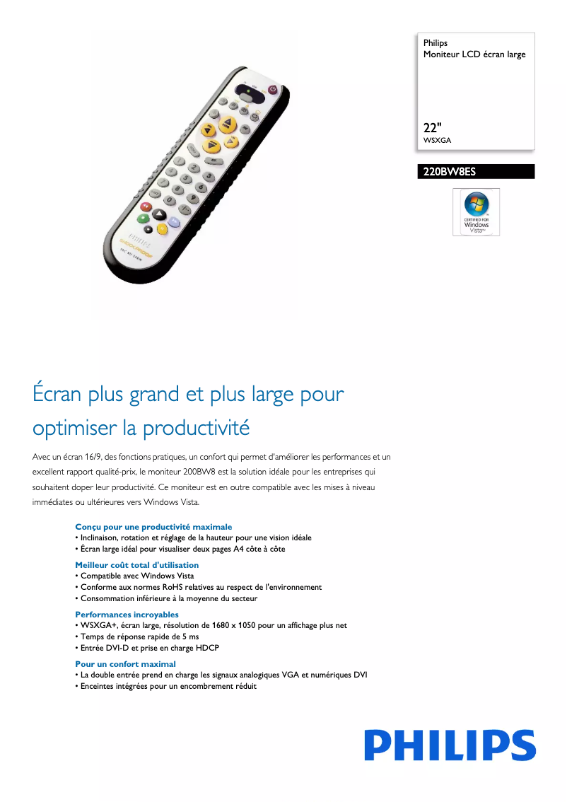 Page 1 de la notice Fiche technique Philips 220BW8ES