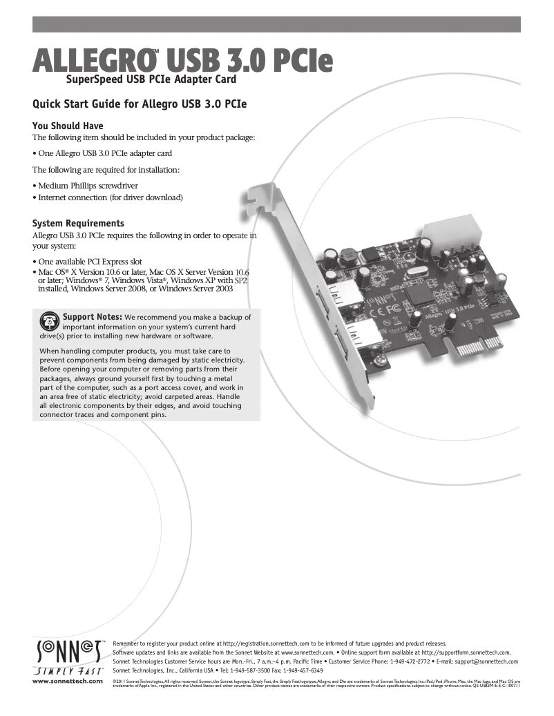 Page 1 de la notice Guide de démarrage rapide Sonnet Allegro USB-C PCIe