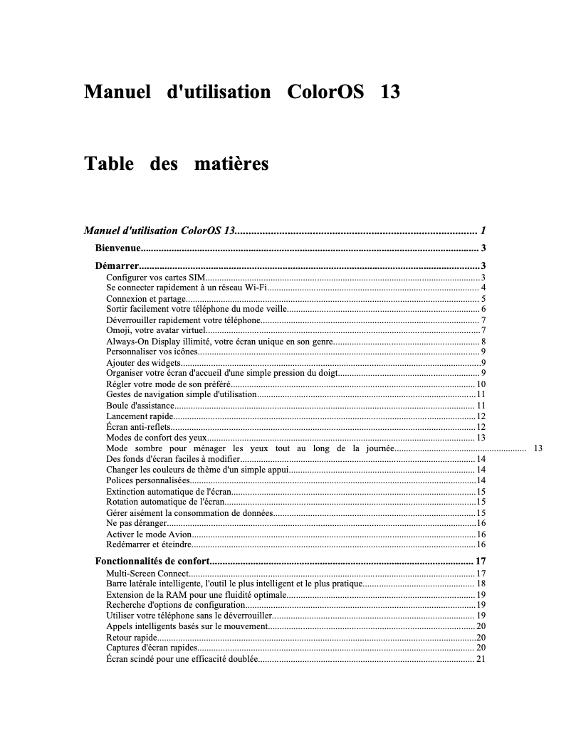 Page 1 de la notice Manuel utilisateur Oppo ColorOS 13