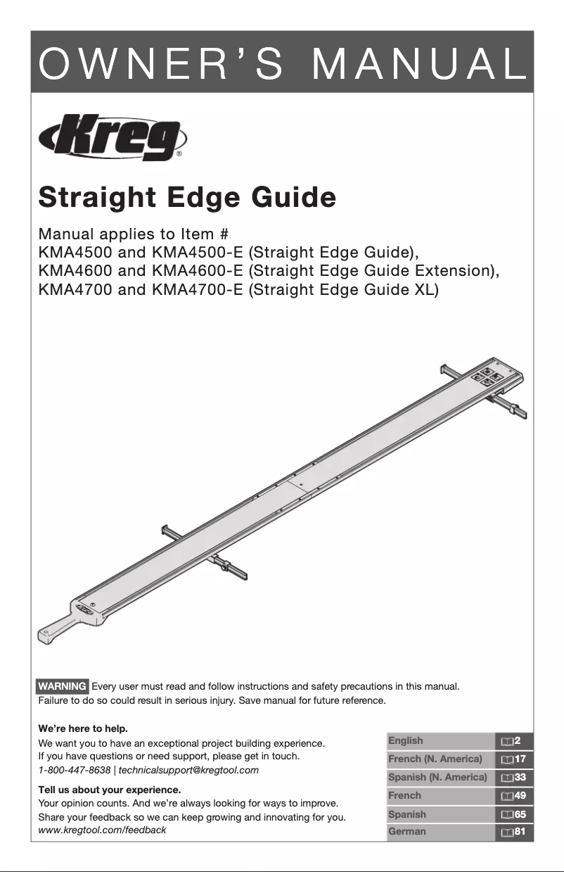 Page 1 de la notice Manuel utilisateur Kreg Straight Edge Guide