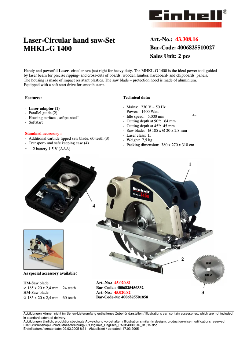 Página 1 del manual Ficha técnica Einhell MHKL-G 1400