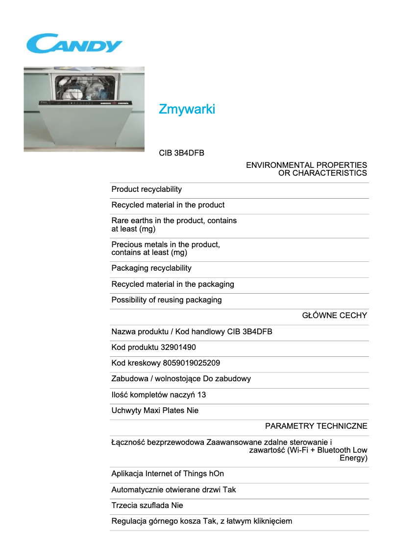 Page 1 de la notice Fiche technique Candy CIB 3B4DFB
