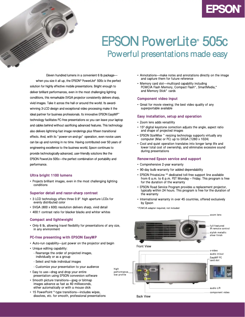 Page 1 de la notice Brochure Epson PowerLite 505c