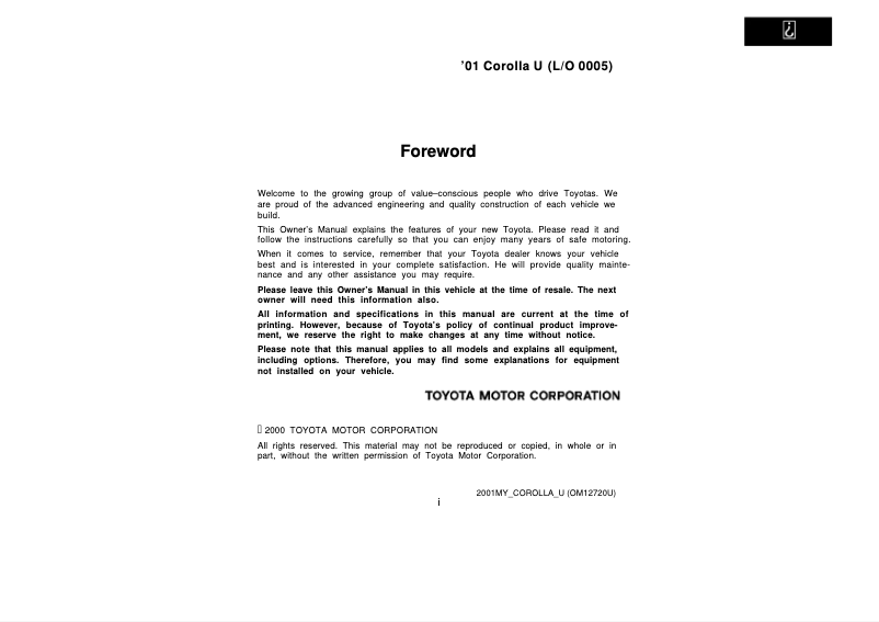 Image de la première page du manuel de l'appareil Corolla (2001)