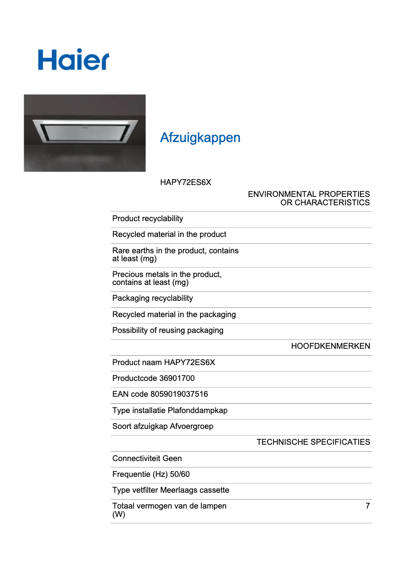 Page 1 de la notice Fiche technique Haier I-Design HAPY72ES6X