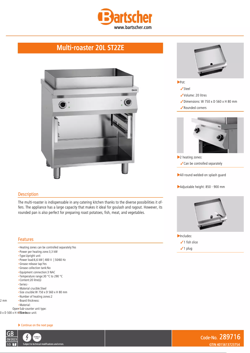 Page 1 de la notice Fiche technique Bartscher 20L ST2ZE
