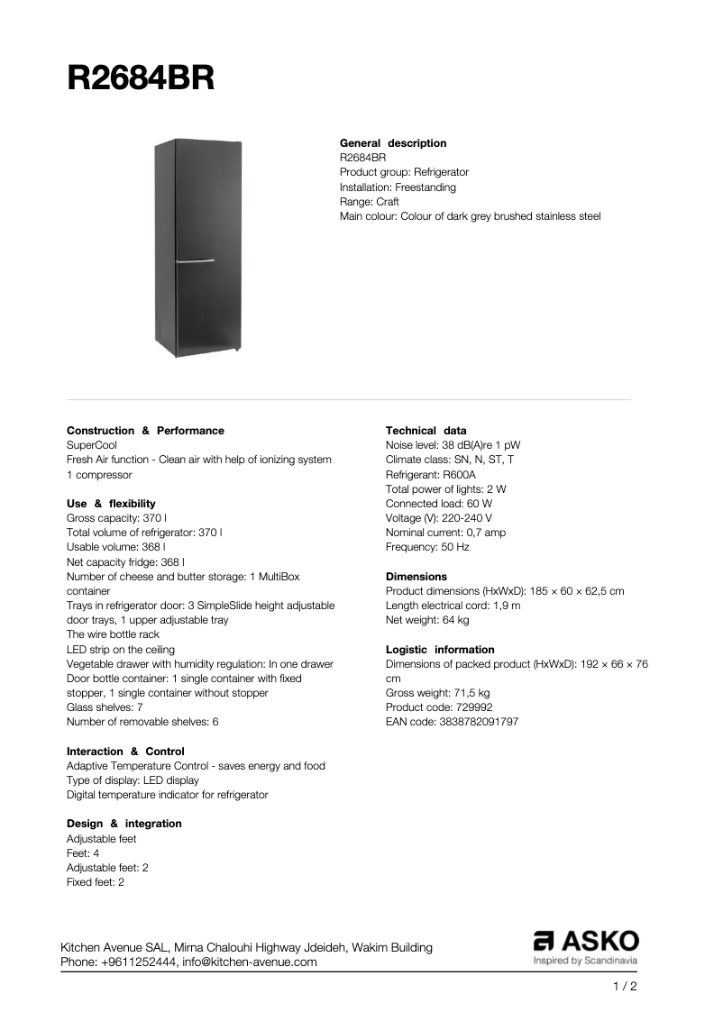 Page 1 de la notice Fiche technique Asko R2684BR