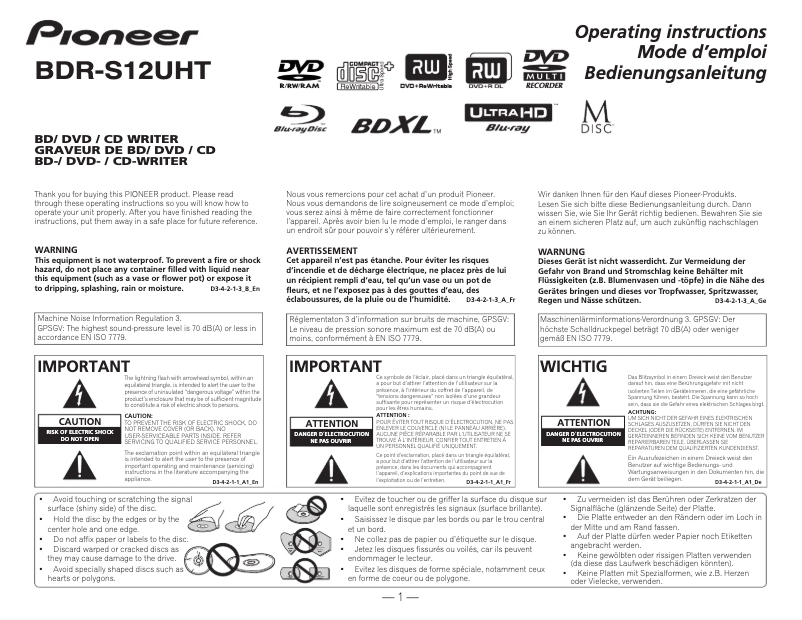 Page 1 de la notice Manuel utilisateur Pioneer BDR-S12UHT