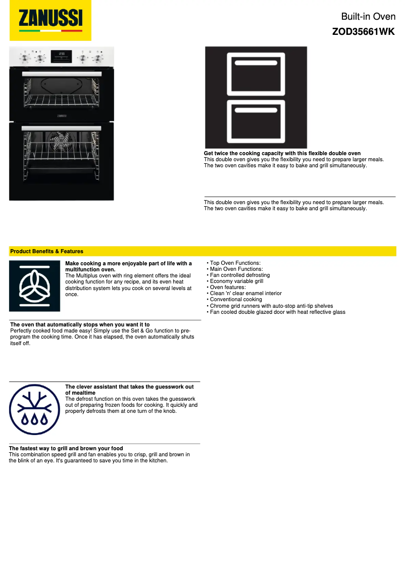 Page 1 de la notice Fiche technique Zanussi ZOD35661WK
