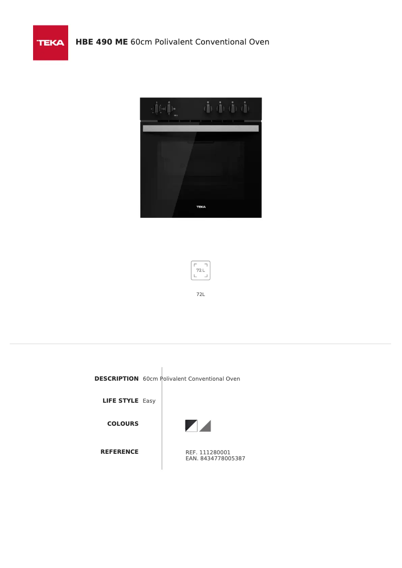 Page 1 de la notice Fiche technique Teka HBE 490 ME