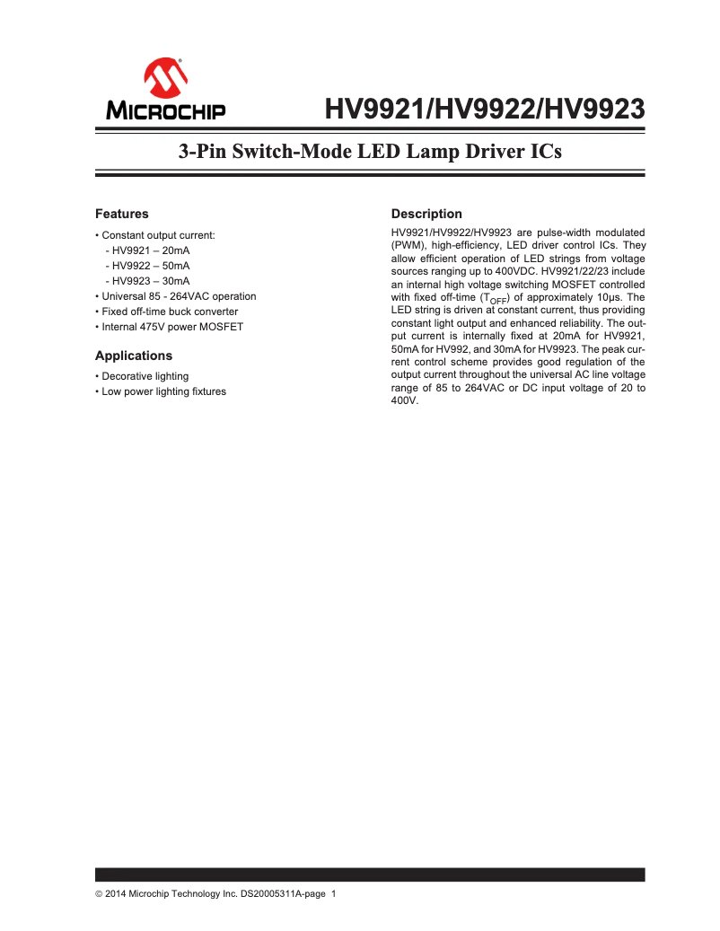 Page 1 de la notice Manuel utilisateur Microchip HV9922