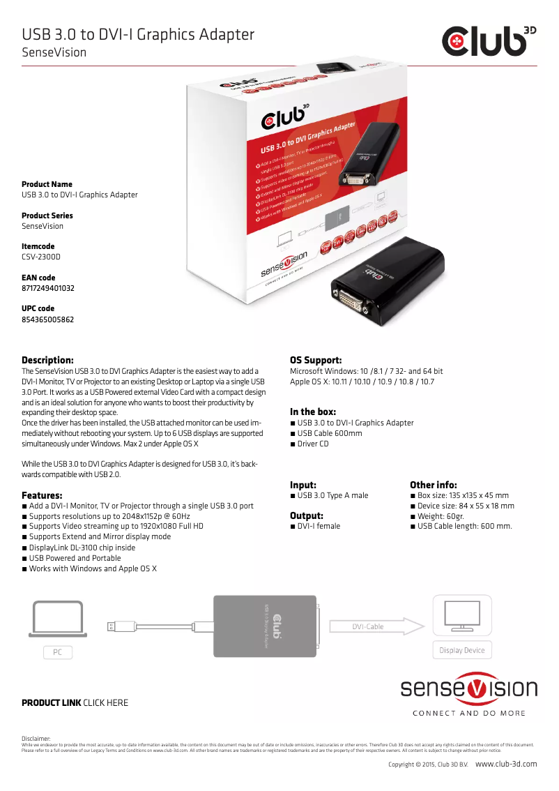 Page n°1 - Manuel utilisateur CLUB3D SenseVision USB3.0 to DVI-I Graphics Adapter