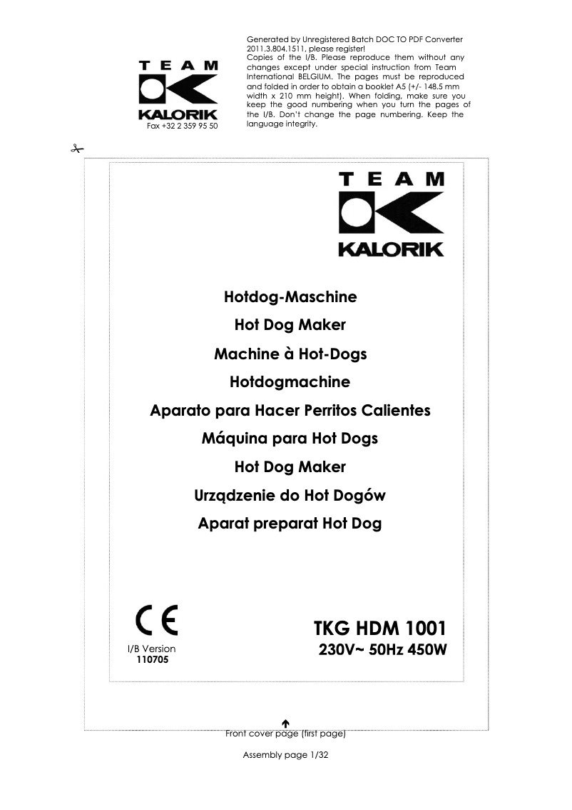Page 1 de la notice Manuel utilisateur Kalorik TKG HDM 1001