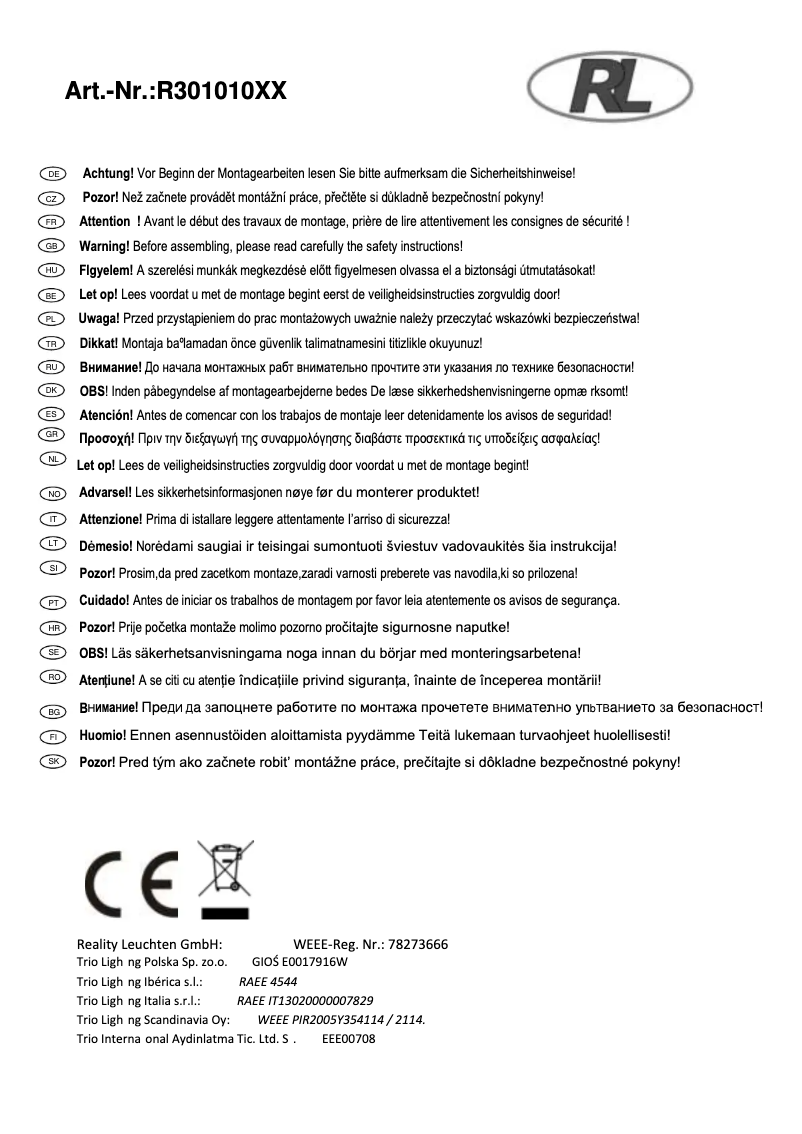 Page 1 de la notice Manuel utilisateur Trio Lighting Bobby