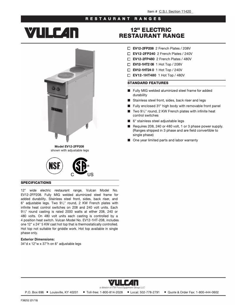 Page 1 de la notice Fiche technique Vulcan EV12