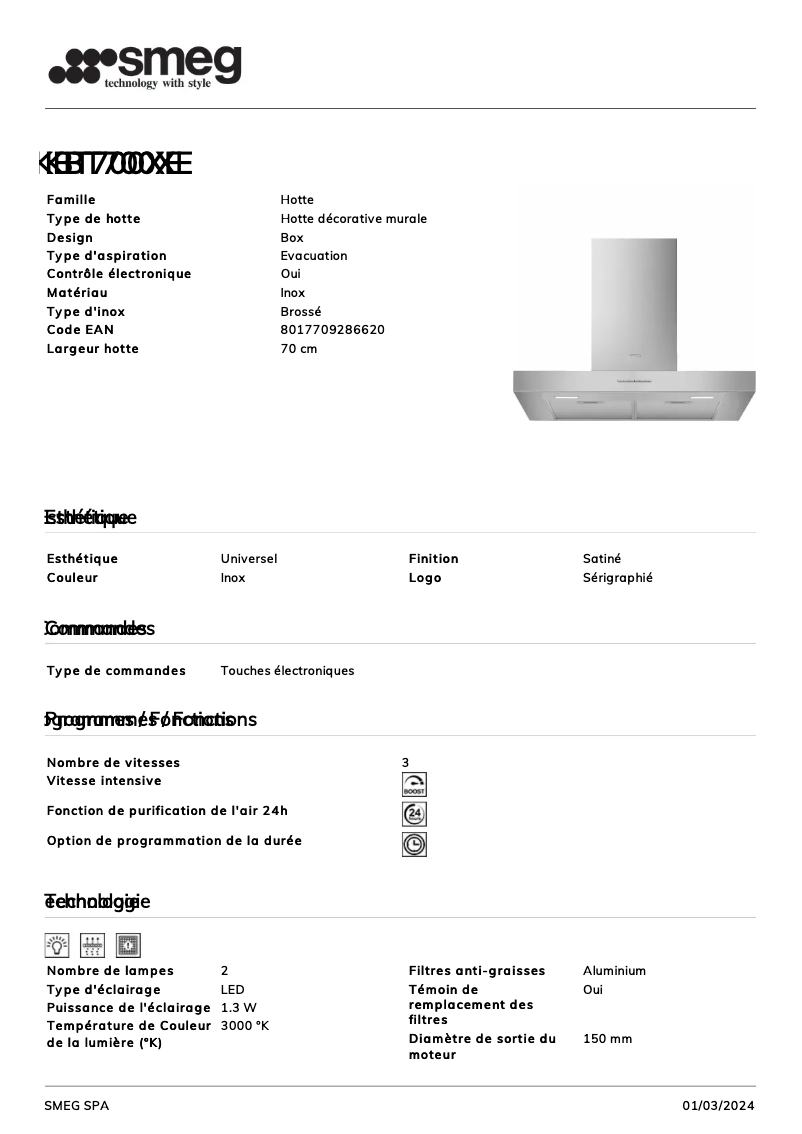 Page 1 de la notice Fiche technique Smeg KBT700XE