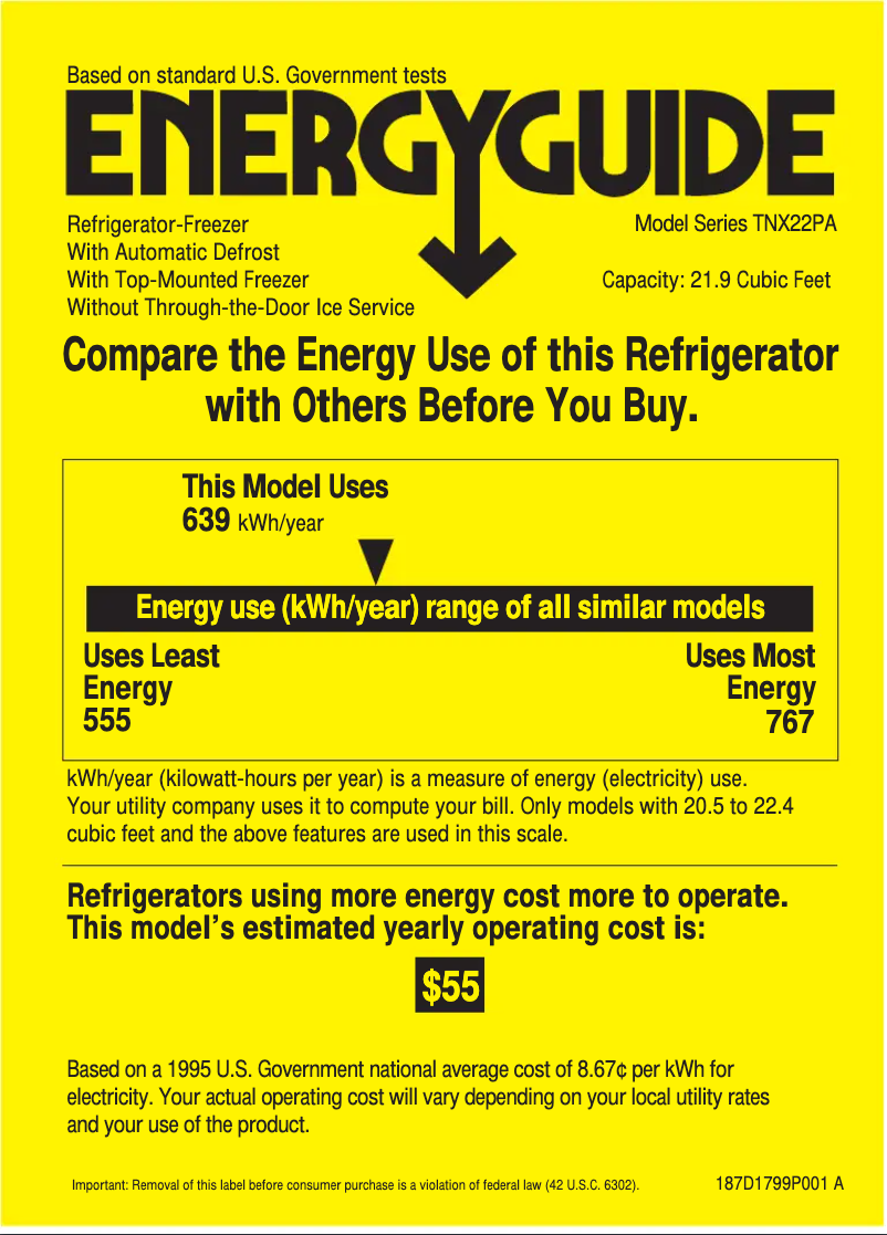 Page 1 de la notice Label énergétique GE Profile Performance TNX22PACRBB