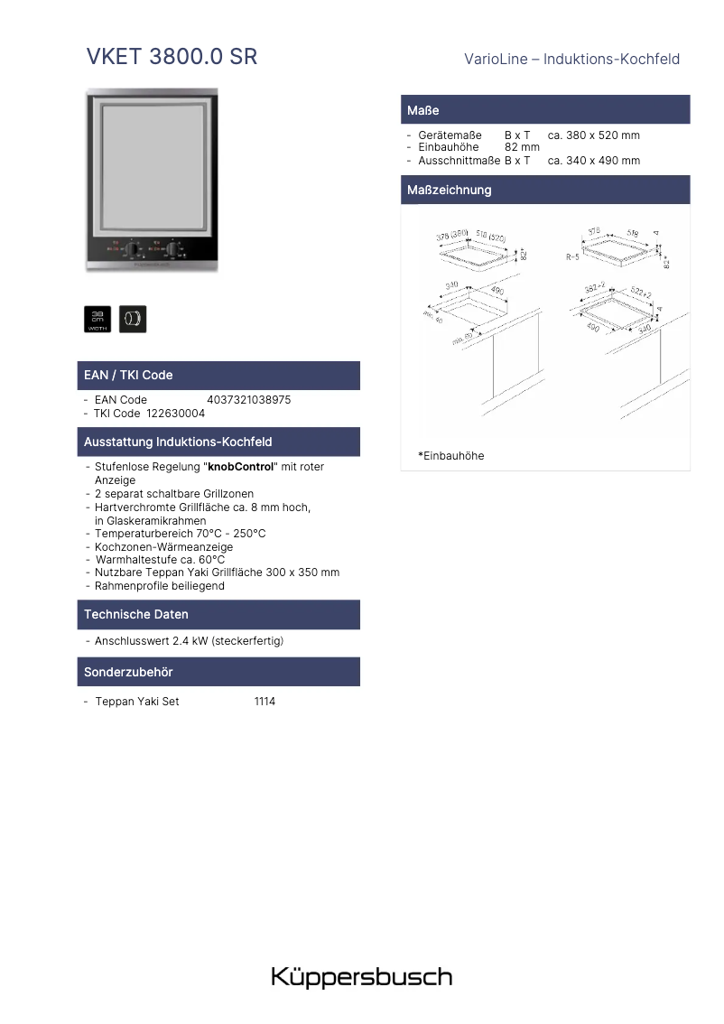 Page n°1 - Fiche technique Küppersbusch VKET3800.0