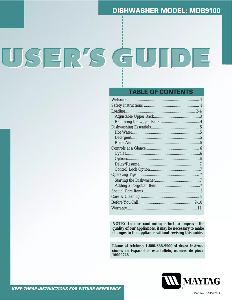 Page 1 de la notice Manuel utilisateur Maytag MDB9100
