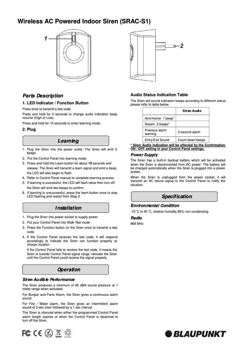 Page n°1 - Manuel utilisateur Blaupunkt SRAC-S1