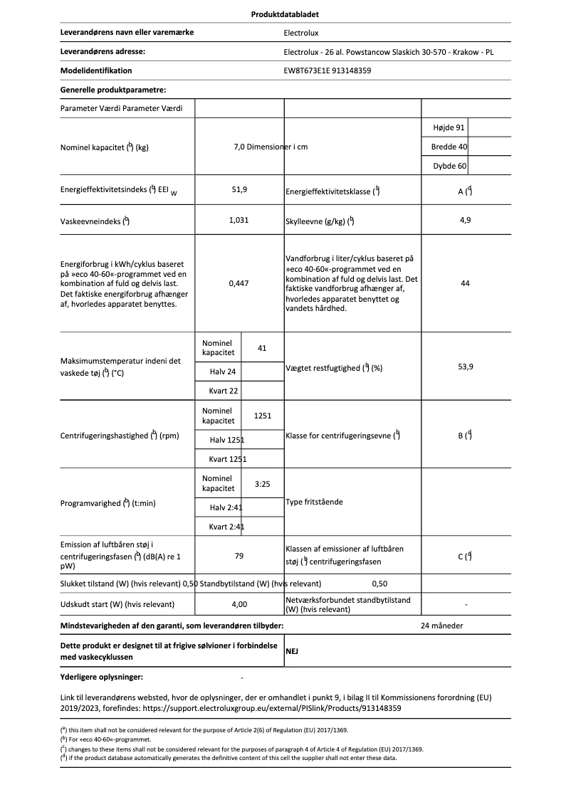 Page 1 de la notice Fiche technique Electrolux EW8T673E1E