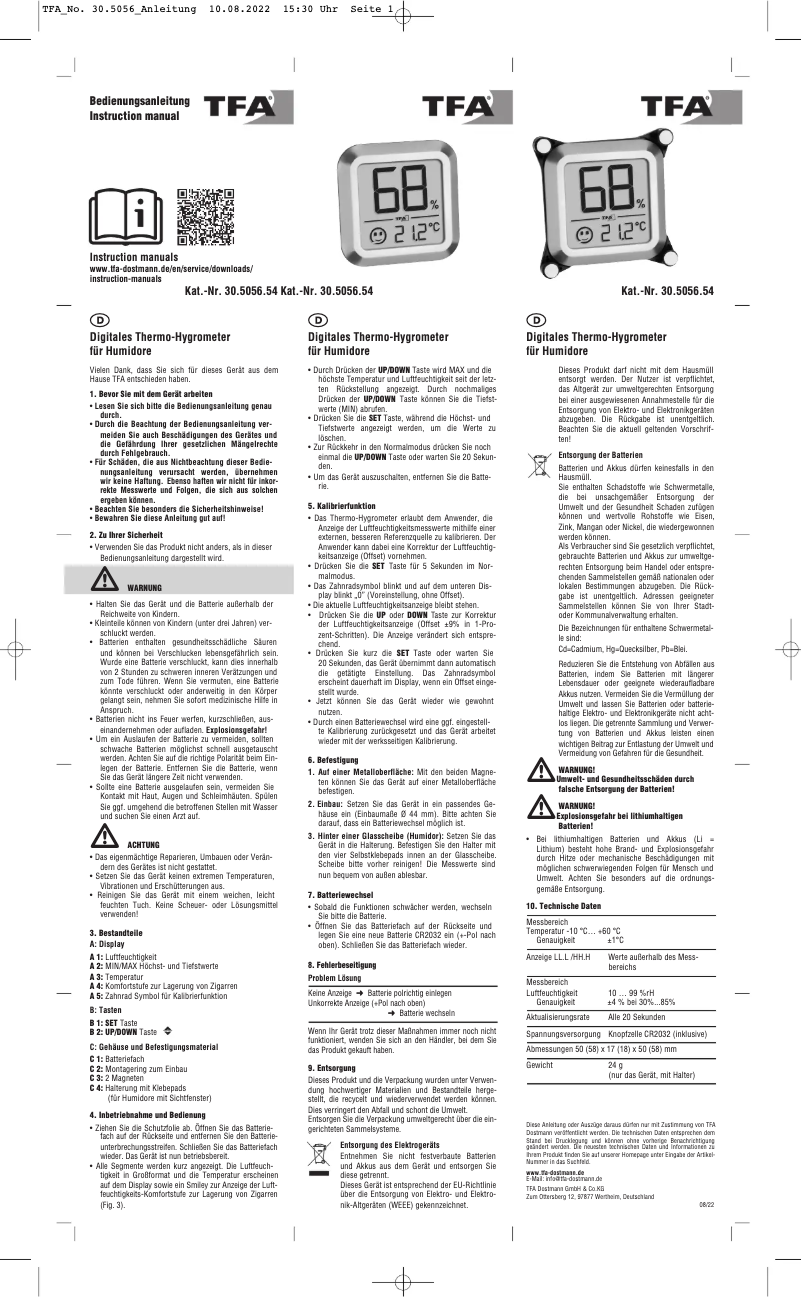 Page 1 de la notice Manuel utilisateur TFA 30.5056.54
