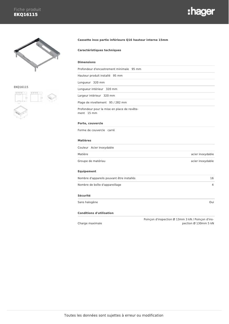 Page 1 de la notice Fiche technique Hager EKQ16115