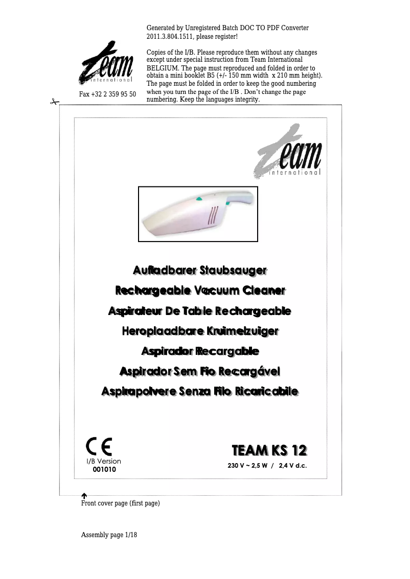 Page 1 de la notice Manuel utilisateur Team KS 12