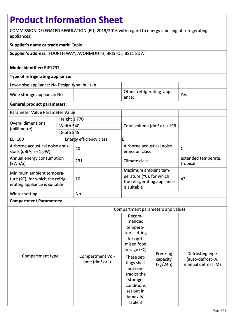 Page 1 de la notice Fiche technique Caple RIF1797