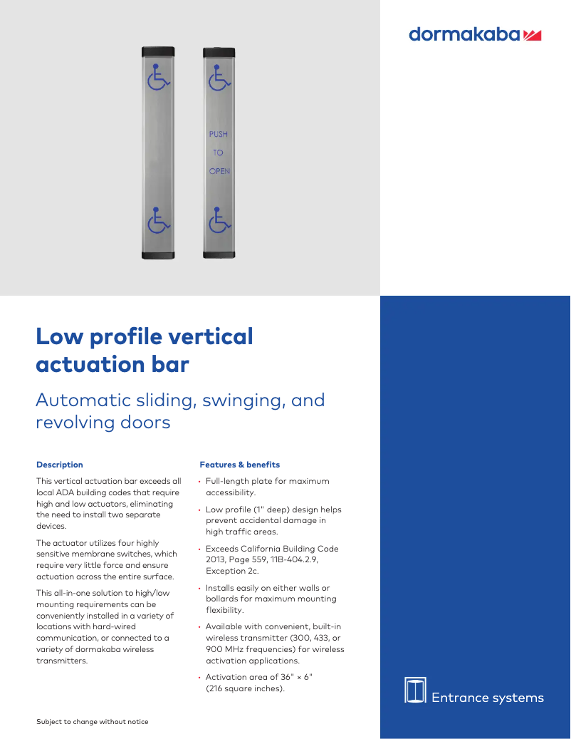 Image de la première page du manuel de l'appareil Low Profile Vertical Actuation Bar