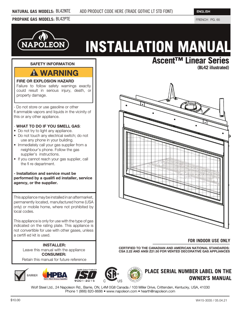 Image de la première page du manuel de l'appareil Ascent Linear 42