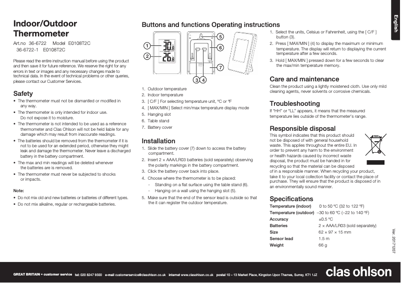 Page n°1 - Manuel utilisateur Clas Ohlson E0108T2C