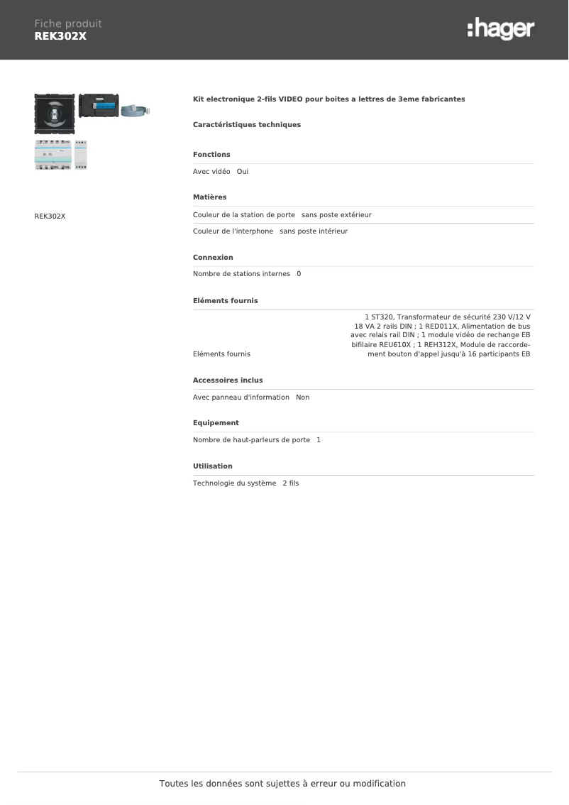 Page 1 de la notice Manuel utilisateur Hager REK302X