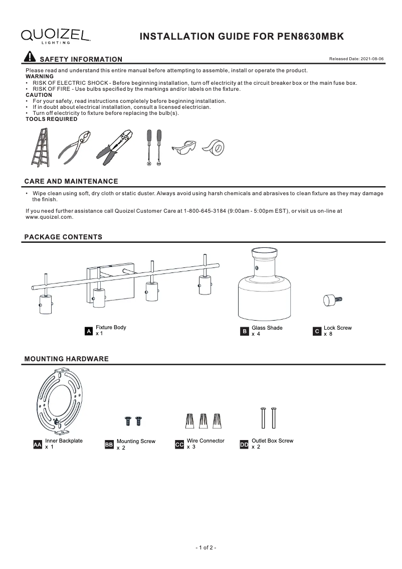 Page 1 de la notice Manuel utilisateur Quoizel Pensbury PEN8630MBK