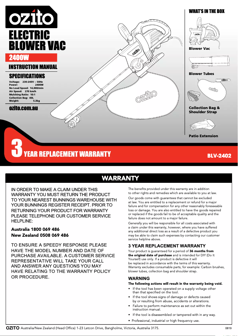 Página 1 del manual Manual de usuario Ozito BLV-2402