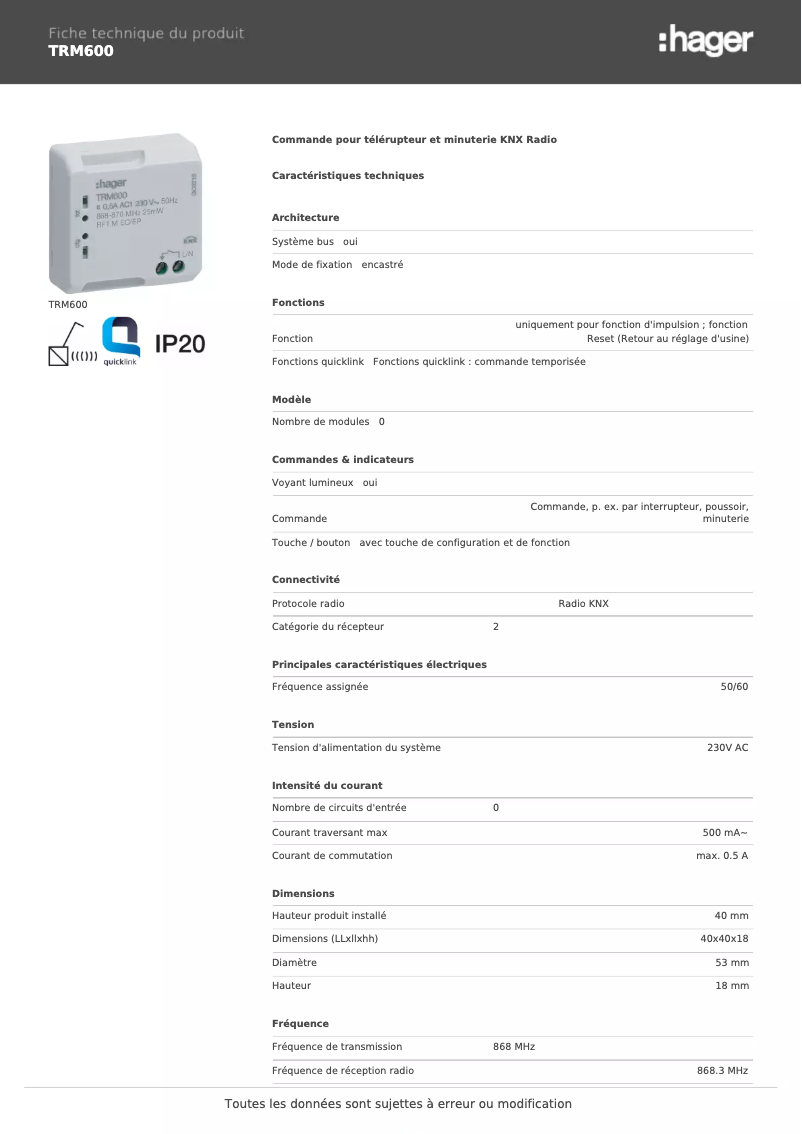 Page n°1 - Fiche technique Hager TRM600