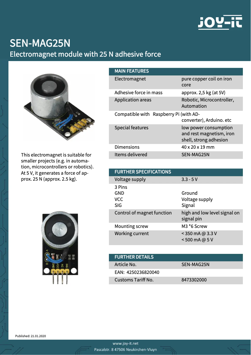 Página 1 del manual Ficha técnica Joy-It SEN-MAG25N