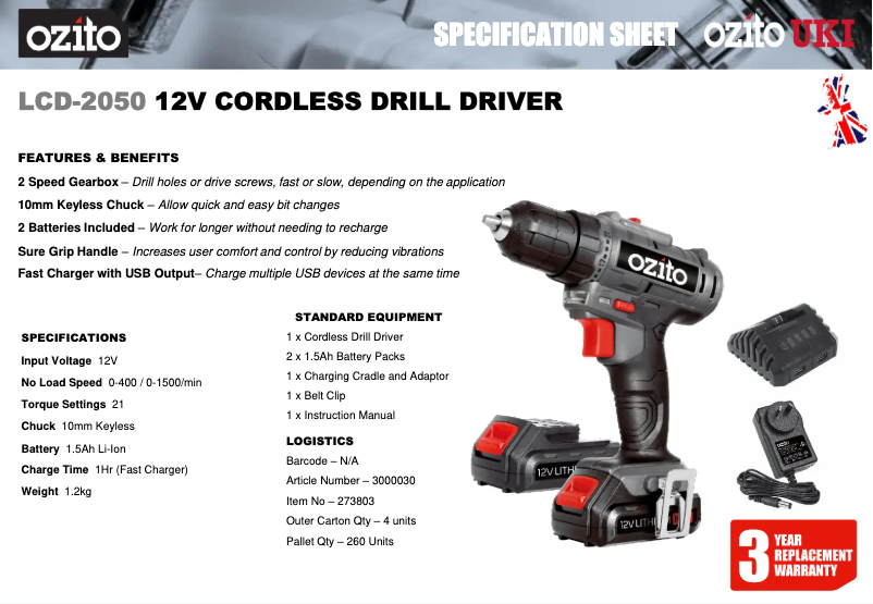 Page 1 de la notice Fiche technique Ozito LCD-2050U