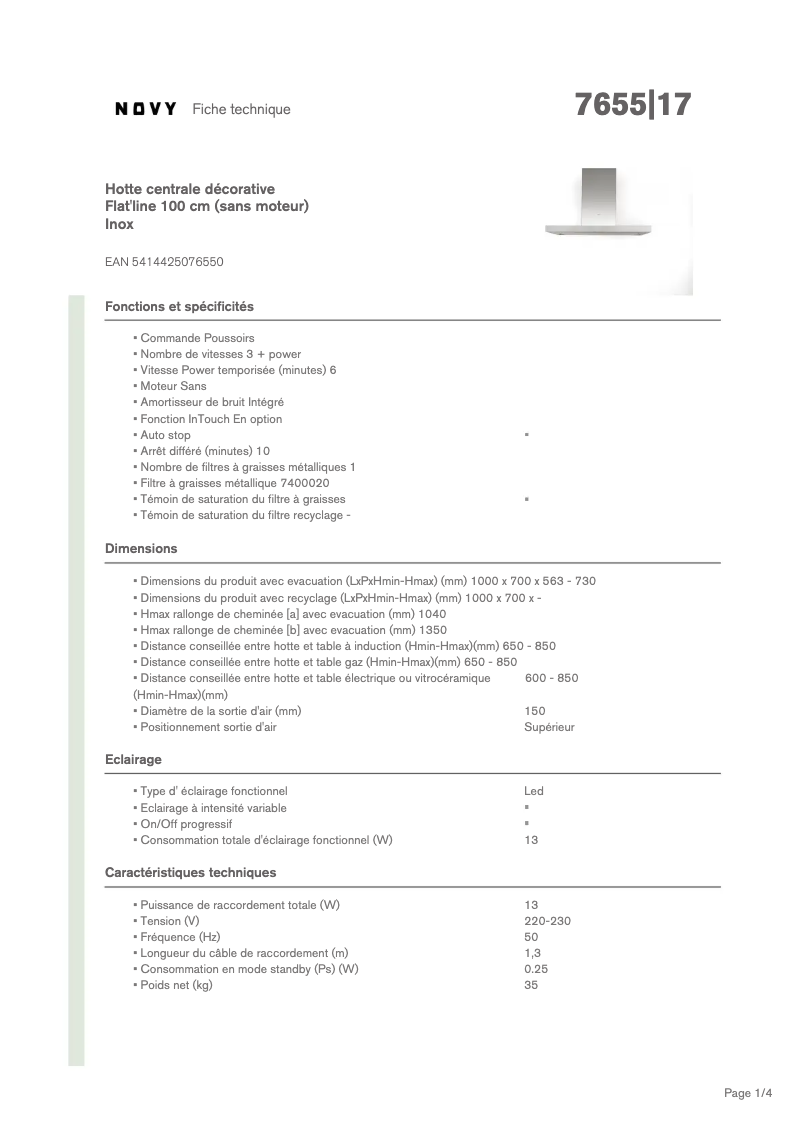 Page 1 de la notice Fiche technique Novy Flat'line 7655
