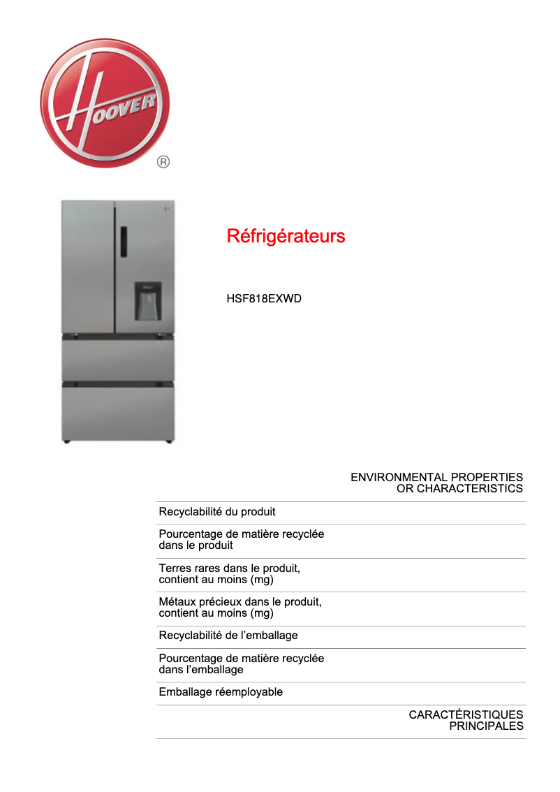 Page n°1 - Fiche technique Hoover HSF818EXWD