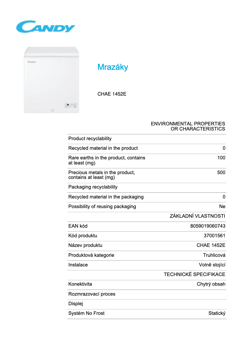 Page n°1 - Fiche technique Candy CHAE 1452E