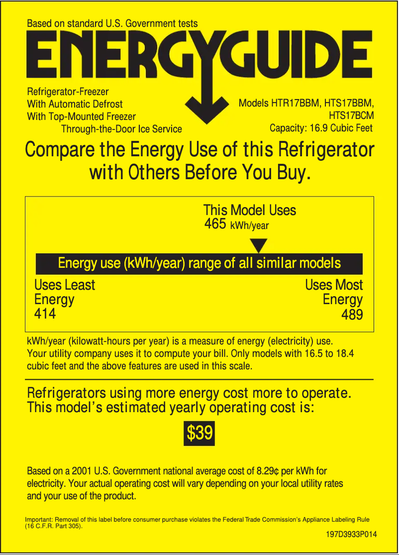 Page n°1 - Label énergétique Hotpoint HTR17BBMRAA