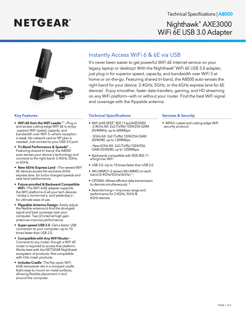 Page 1 de la notice Fiche technique Netgear Nighthawk A8000