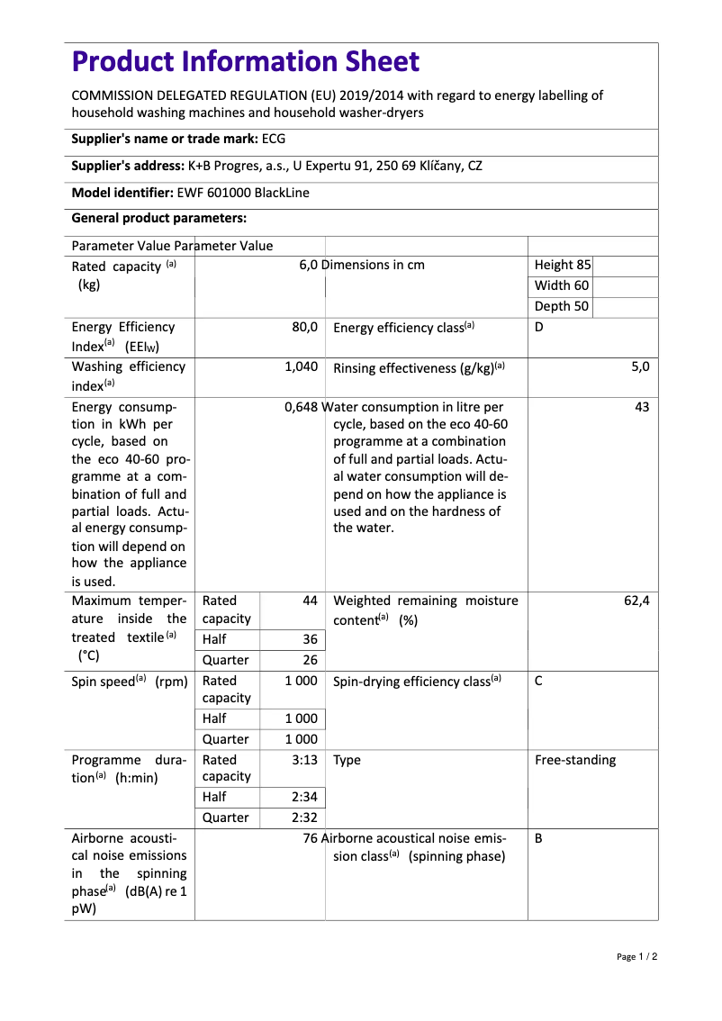 Page 1 de la notice Fiche technique ECG EWF 601000 BlackLine